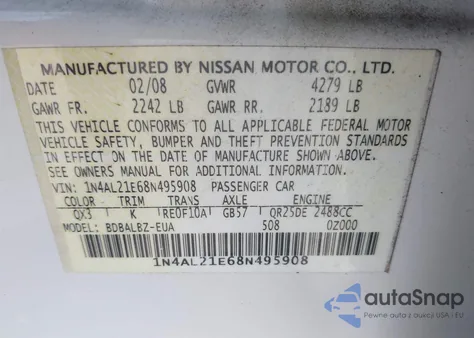 2008 Nissan Altima 2.5 S z USA, uszkodzony, nr VIN 1N4AL21E68N495908